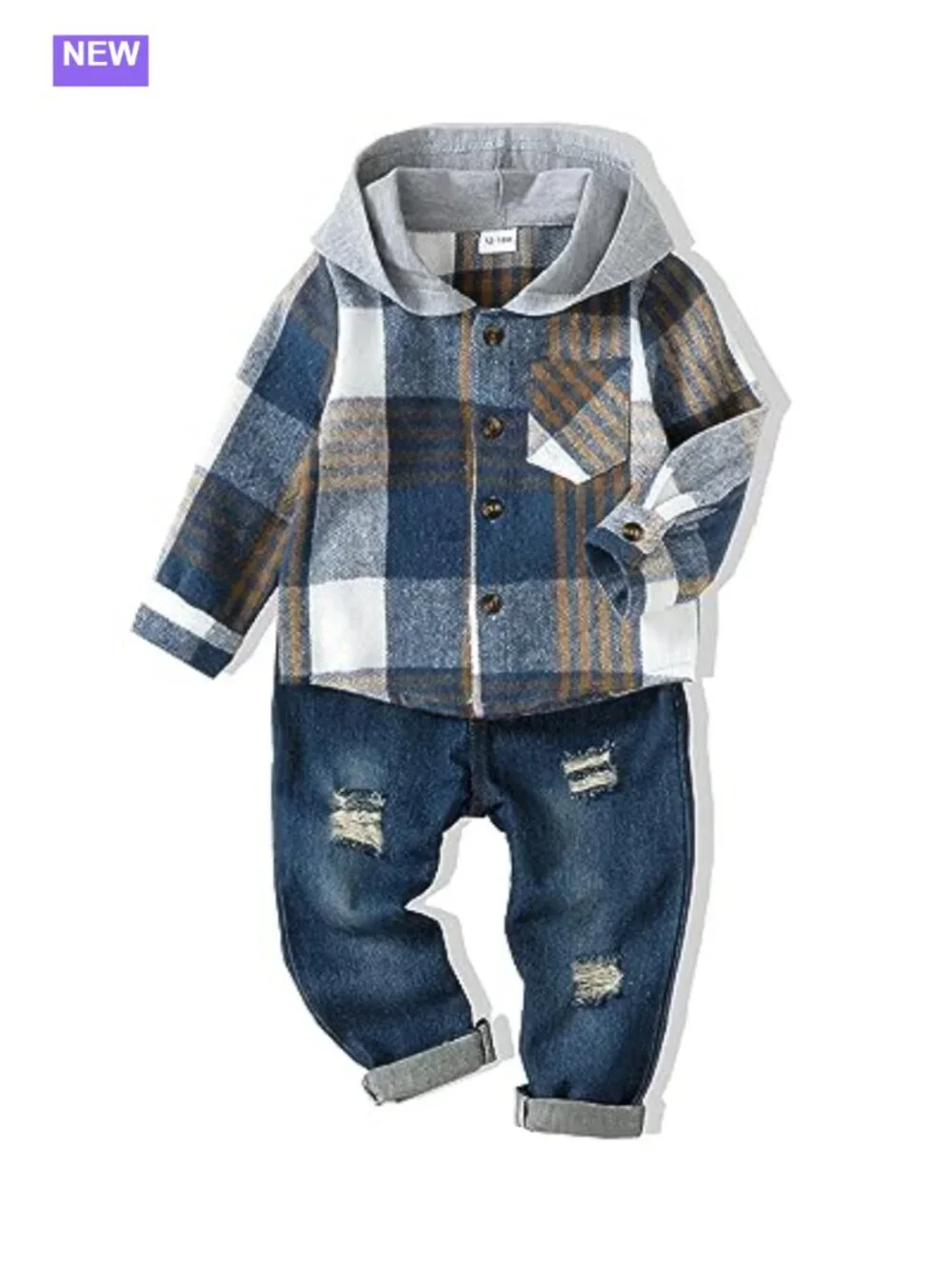 Baby Boy Plaid Hoodie & Denim Jeans Outfit Set